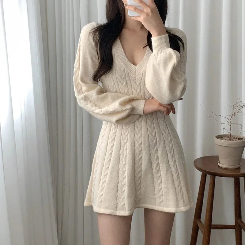 ITOOLIN V Neck Elegant Knit Dress Women Sexy Slim Lantern Sleeve Sweet Mini Dress Korean Fashion Casual Female A Line Dress Fall