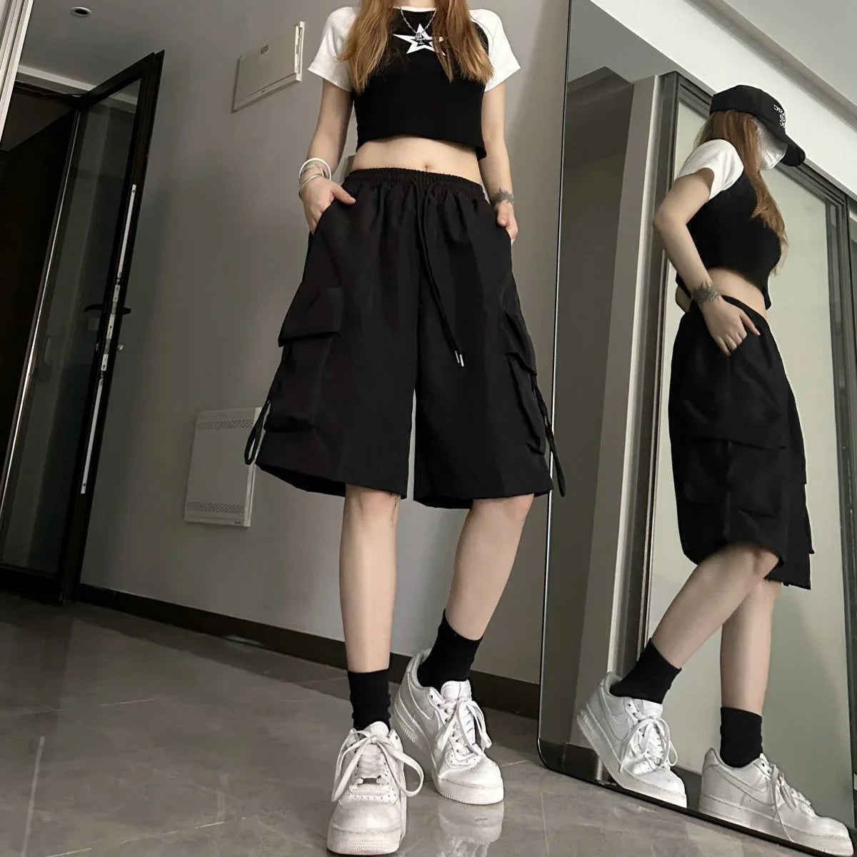 Women High Waist Multi-pocket Cargo Shorts American Style Streetwear Summer Wide Leg Pants Fashion Female Big Pocket Shorts