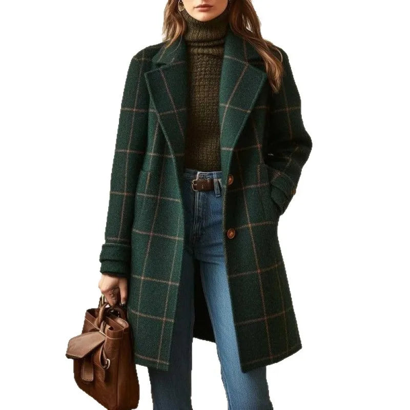 Winter Plaid Wool Trench Coat Single-Breasted Mid-Length Notched Collar Coat Trendy Casual Fashion Women Outerwear Daily Wear