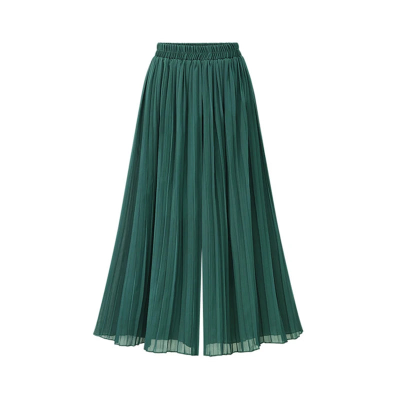 Loose Wide Leg Plus Size Pants Women Summer Fashion Streetwear Pleated Pants Skirts Elastic Waist Culottes Black Green Trousers